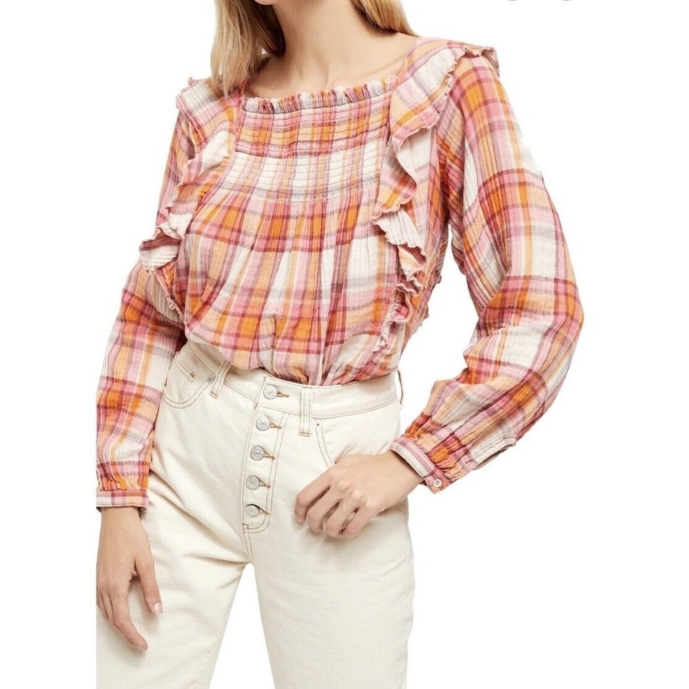 Free People We The Free Siena Smocked‎ Ruffled Plaid Top Size Medium